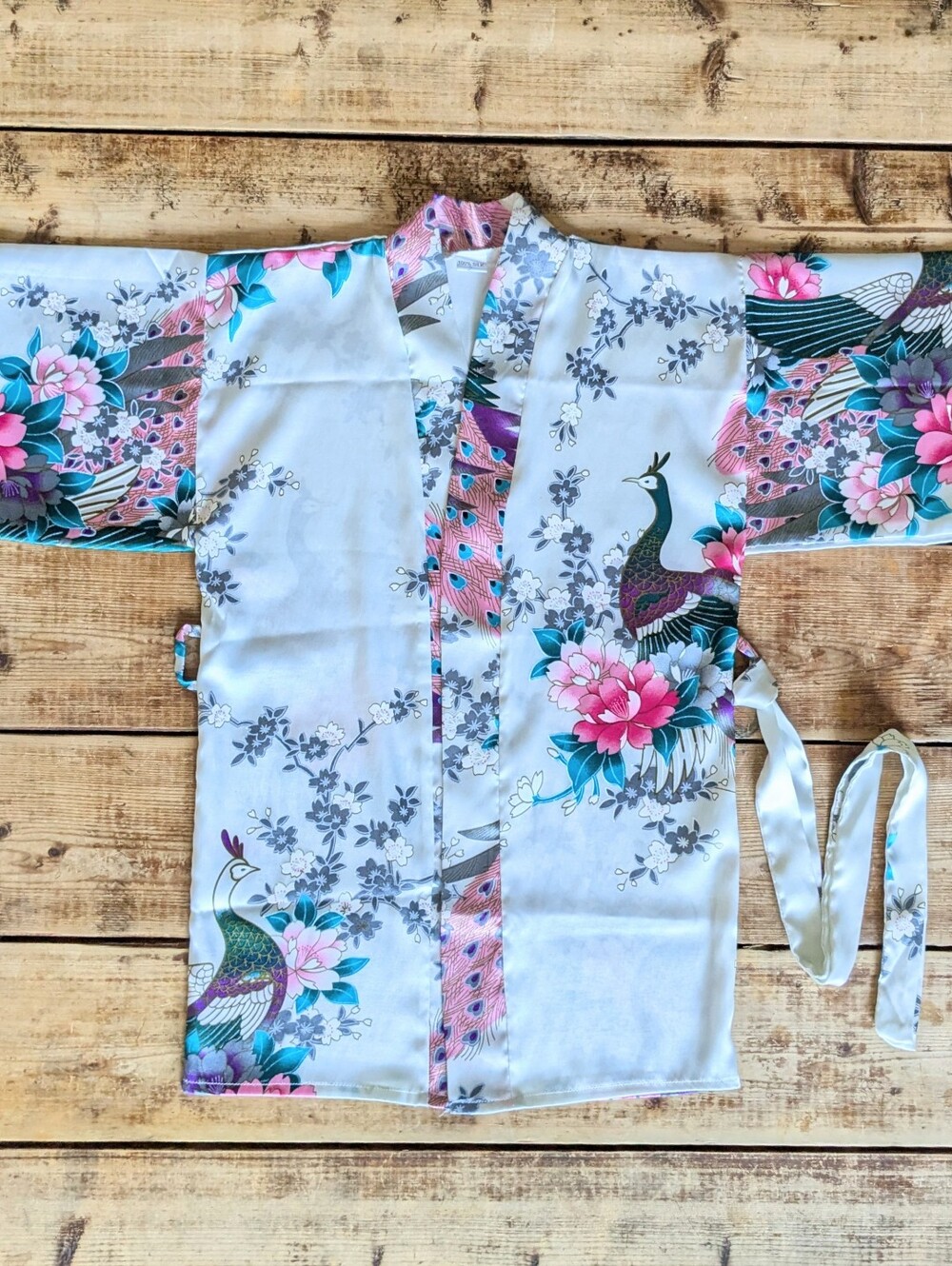 100% Silk Peacock Floral Wrap Kimono Robe Ivory Thailand XXS Boho Festival